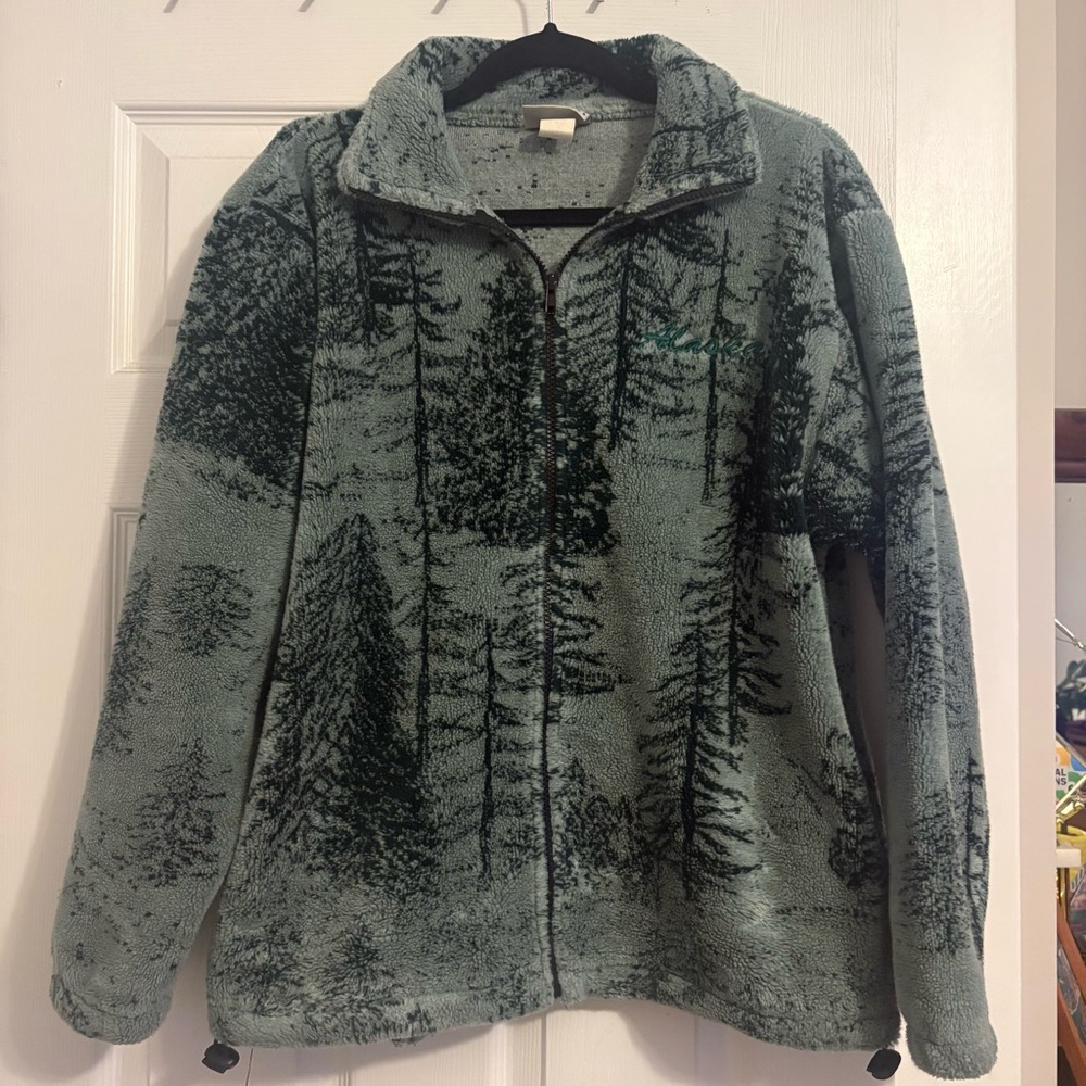 Vintage Ocean East Alaska Green and Black Tree Pattern Fleece Jacket